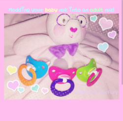 daddystinypixiefairy:  I found out how to modify baby nuk pacis for adults!🍼  What you’ll need:  ~ Bowl of water ~ Flathead screwdriver ~ Adult pacifier nipple ~ Baby nuk pacifier  What to do: ~Microwave the paci in a bowl of water for 3 minutes,
