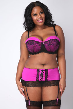 plussizeebony:Simone Charles in Bright Magenta Balconette Bra With Black Lace Detail, &amp; Pink And Black Skirted Suspender Thong With Detachable Suspenders