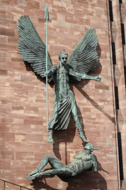 ceevee5:  dearoldblighty:   st. michael’s victory over the devil ▴ coventry, west midlands, england the sculpture by jacob epstein was completed in 1958. it was epstein’s last major piece in bronze, as well as his last religious piece. british