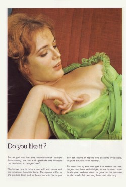 Brigitte Maier, revealing her lovely breasts and perky nipples. The text is in four languages (German, English, French and Dutch). Probably from a Dutch mag circa 1970s.