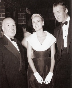 theniftyfifties:  Alfred Hitchcock, Grace Kelly and James Stewart, 1954. 