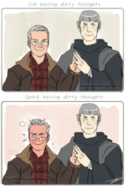 superwholockianism said: What about some (tos) old married spirk? telepathic bonds are my favorite *also bonus plaid shirt