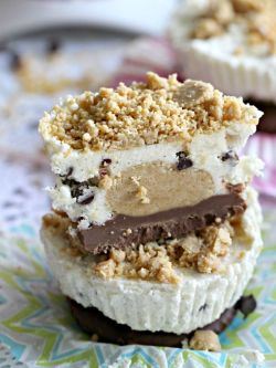 sweetoothgirl:  A three layered no bake dessert these peanut butter cookie dough cups start with melted chocolate, a peanut butter center and all covered in cookie dough. Recipe here. 