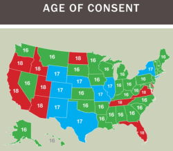 bdsmpetplay: This map shows the “age of consent” for all USA states as of 2013 (it’s possible these numbers have changed by 1-2 years since then, but this is the latest data I got from my public health class). So what does “age of consent”