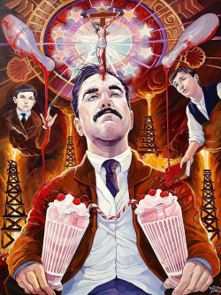 deathandtaxesmag:  Artist pays homage to “There Will Be Blood” with milkshakes, bowling pins, fire. 