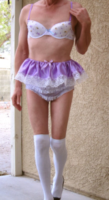 yoursissyfag:  sissyslut loves wearing her pretty new purple ruffled rhumba panties printed bra sexy knee high stockings and slutty cum fuck me high heels 