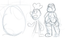 Yoshi  with Game &amp; watch in some doodles.  Got the idea from looking at one of the E3 images for smash ultimate.  Game &amp; watch wondering where to get eggs from with the green Dino not far behind him.