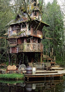 steampunktendencies:Treehouse, Redmond, USA, by Steve Rondel http://goo.gl/B4RMuF “Steve Rondel’s children grew up before he could finish this exeptional treehouse. He started it 20 years ago when his oldest son was 5. Now he is looking for grandchildren