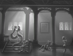 Sekikamo&rsquo;s request on having a wolf girl statue.  This is a concept experimenting with the design of Gorgon&rsquo;s Manor at the hallway. Some of  the guests are being turned to stone, but at least they look happy.For more art content or uncensored