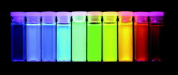 outreachscience:  Rainbow of Quantum Dots Using some very nice physics scientists are able to manufacture quantum dots less than ten billionths of a centimeter wide that fluoresce any colour of the rainbow. Fluorescence works on the absorption of light
