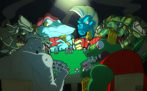 This was commissioned by someone on deviantART called Toonstarfreak, and he wanted me to draw a bunch of crocodile characters playing poker. For those who are curious, the characters are Killer Croc, Renekton, Leatherhead, Lady Frostbite, Crocomodo, and