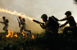 natgeofound:  Marine infantry in Taiwan practice using flame throwers in a simulated battle, January 1969.Photograph by Frank and Helen Schreider, National Geographic