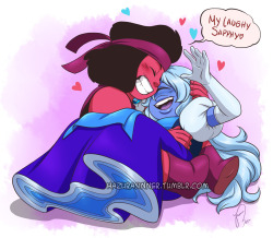 hazurasinner:  Making good use of my one and half hour break from commissions. Had the sketch of this drawing laying around and decided to finish it because anything related to Ruby and Sapphire always relaxes me and relieves stress. How two fictional