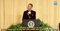 worthyourweightinfanfiction:  shannibal-cannibal:  inkyubus:  sandandglass:  President Barack Obama at the White House Correpondents’ Dinner.   OBAMA HAS TOTALLY STOPPED GIVING A FUCK AND IT’S THE GREATEST THING I’VE EVER SEEN  this shit was brutal