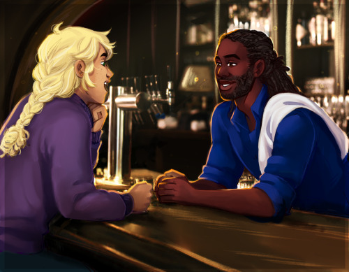 herbgerblin:[ID: Digital art of Taako and Kravitz, two young adult men, leaning over a bar countertop in what appears to be a warmly lit pub. Taako has long, blonde hair, tied in a braid, tan, freckled skin, green eyes, and a slight build. He is wearing