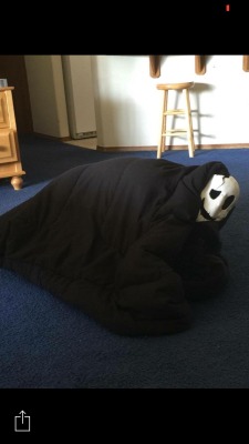 stealthnerddrawsshit:  crisiskode:  I was in the midst of working on cosplay when I got mired and put my mask on a blanket and started crawling around on the ground not realizing my sisters boyfriend was over. And this picture is the result   10/10