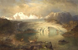 templeofapelles:August Wilhelm Leu,Paysage de Fjord avec Glacier et Rennes