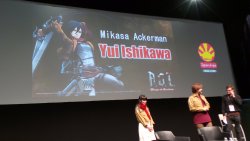 fuku-shuu:   Ishikawa Yui (Mikasa) and KOEI TECMO president Koinuma Hisashi appeared at Japan Expo in Paris today to promote the upcoming international release of Attack on Titan: Wings of Freedom game on Playstation 4/Playstation 3/Playstation VITA!