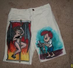 malfunction54:i have been wanting to make so many posts about the ridiculous FOP stuff i’ve found on ebay but i fouND THE BEST, HERE IS A PAIR OF MEN’S SIZE 36 SHORTS THAT HAVE BEEN CUSTOM AIRBRUSHED TO HAVE TIMMY’S MOM WITH BAT WINGS POLEDANCING