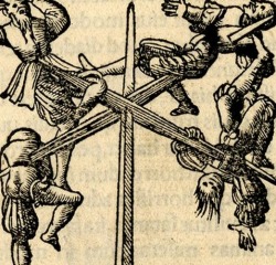 abinferis:  Torture instrument with four male figures impaled on stakes Print made by: Anonymous Printed by: Heinrich Petr 