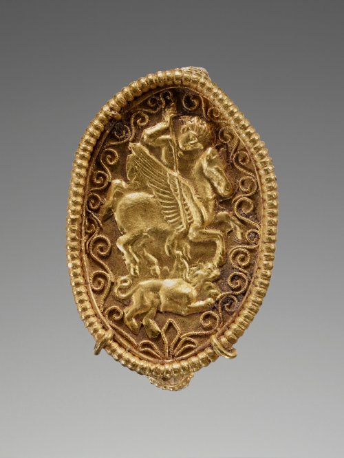 historyarchaeologyartefacts:  Ring with Bellerophon riding his winged horse Pegasos and slaying Chimaera, Greece 340–320 BCE[2251x3000]Source: https://reddit.com/r/ArtefactPorn/comments/e02q8e/ring_with_bellerophon_riding_his_winged_horse/