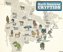 unexplained-events:  The North American Cryptid Map Here is a map in case any of you wanna go hunting for some cryptids.  this is actually very useful now I never want to travel to certain states because I like to read creepypastas and I know creepy shit
