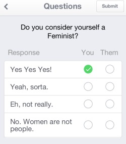 okcreepsters:  OKCupid, making it really easy to spot misogynists!   I really enjoy how the only options are ‘yes’, ‘sort of’, or ‘I am a sexist pig’.