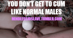 mindlessjoslave:  Normal males get to cum in female pussy. You cum inside your handpussy.Normal males get to penetrate. You need to be penetrated.Normal males cum to mark their territory. You cum to signify you’re someone else’s territory.Normal males