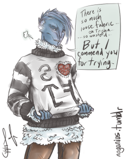 nogenius:  Sweater gifted to Gareth from Trisha Kawano. They have a really odd friendship… Also: Translate sweater from New Krytan! Go! http://wiki.guildwars2.com/wiki/New_Krytan 