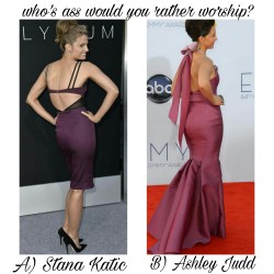 d-y-l-d-o-m:  celebwhowouldurather:  Who’s ass would you rather worship? A) Stana Katic  Or B) Ashley Judd  Stana
