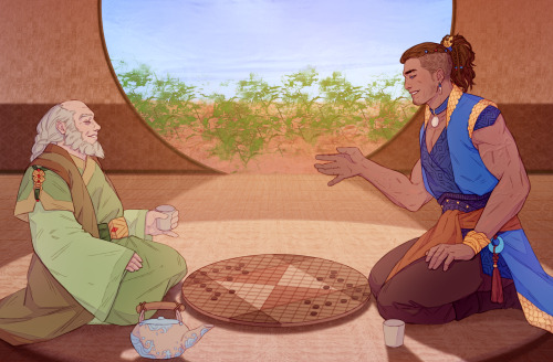 sword-over-water:  Sokka of the Water Tribe, husband to the Firelord and Prince of the Fire Nation, visiting his father-in-law in all but name, Iroh. As a rule, they play pai sho while drinking tea.Can we please consider their relationship? 