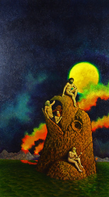 Book cover of Hawksbill Station by Don Ivan Punchatz, 1970.  Complete with hairy naked men hanging out on a toxic planet.  Sexy!  The book title page caption for the cover reads &ldquo;At Samural industries, Paul studies his computer monitors to predict