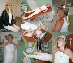 Sexy blonde in wheelchair (pretender) with body cast and braces (Medical Fetish &amp; Bondage)from http://www.bracedlife.com