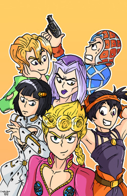 To celebrate the Vento Aureo anime coming out next month, I drew this poster of Passione. I also made a colour variant with the colours from Eyes of Heaven, some of which I like a little bit more. 