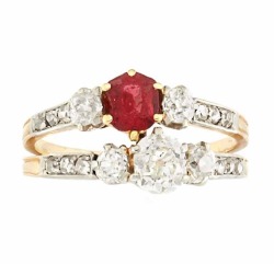 diamondsinthelibrary:  Look at this lovely little thing! An antique gold, platinum, diamond and red spinel double band ring by T. B. Starr.  14 kt., 4 old-mine cut diamonds ap. .45 ct., 12 rose-cut diamonds, c. 1905, signed T. B. Starr, ap. 3.3 dwts.
