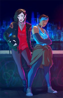denimcatfish: Modern urban Korrasami ish. Wanted to experiment a little more with 80s colors, lighting and doing cityscapes… much stress but I needed the practice bad haha. 