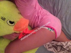 daddyiwantthis:  Daddy bought me a giant ducky! He’s so big and fluffy I just love him.   Pink adult baby onesie &amp; paci made with love by @onesiesdownunder  Use “daddyiwantthis” so they know I sent you &amp; you get a discount 