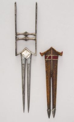 art-of-swords:  Katar Dagger with Sheath Dated: 18th century Culture: Indian Medium: Steel, silk, wood Measurements: L. with sheath 17 ¾ in. (45.1 cm); L. without sheath 16 11/16 in. (42.4 cm); W. 3 5/16 in. (8.4 cm); Wt. 1 lb. 1.4 oz. (493.3 g); Wt.