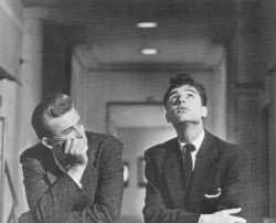 wehadfacesthen:  James Dean and Sal Mineo on the set of Rebel Without a Cause (Nicholas Ray, 1955)