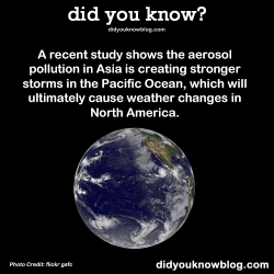 did-you-kno:  A recent study shows the aerosol pollution in Asia is creating stronger storms in the Pacific Ocean, which will ultimately cause weather changes in North America.  Source
