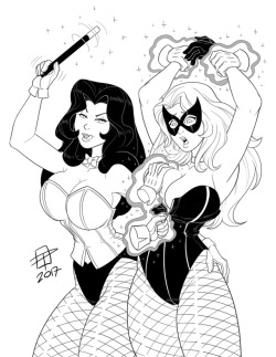 pinupsushi:Naughty line art commission of Zatanna having a bit of magical fun with Black Canary.