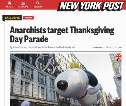 myvegansensesaretingling: This is how the New York Post decided to spin Stop the Parade. Note the use of the terms ‘anarchists&rsquo; and &rsquo;target,’ which I’m sure were selected to make the situation seem threatening. The article barely mentions