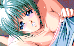 Cute oppai girl with her big tits wrapped in a towel with a nervous expression on her face.