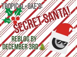 tropical-bae:  Reblog this post by December 3rd and get a secret Santa!  How it works:  *you’ll get a message from me (as anon) telling you who you are a Secret Santa for  *you send them one cute message a day anonymously until Christmas Day! *on