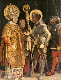 medievalpoc:  Matthias Grünewald The Meeting of Saints Erasmus and Maurice Germany (c. 1520) Oil on Panel, 226 x 176 cm. Alte Pinakothek, Munich, Germany. This painting was commissioned by Cardinal Albrecht von Brandenburg, who moved many relics of Saint