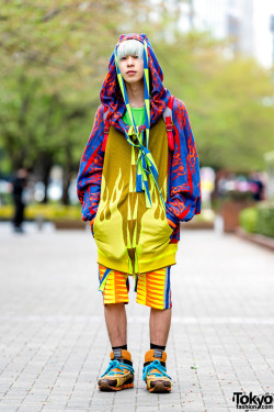 tokyo-fashion:  18-year-old Japanese fashion student Towy outside of Bunka Fashion College in Tokyo wearing colorful fashion by Bernhard Willhelm, Bernhard Willhelm sneakers, and a red Ferrari backpack. Full Look