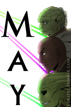 yukipri:  May the 4th be with you! Or in other words, HAPPY STAR WARS DAY!!! Tried to get in as many of my Jedi/Light Side Force sensitive favs as I could. From top to bottom: (Prequels/Clone Wars) Yoda, Mace Windu, Kit Fisto, Plo Koon, Adi Gallia, Depa