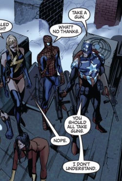 mostingeniusparadox:  New Avengers #53   Don&rsquo;t worry, Bucky. I don&rsquo;t understand either. Must be a hippie liberal thing.