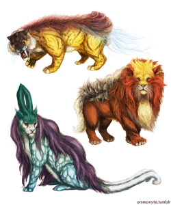 ommanyte:  It’s a common misconception that Raikou, Entei, and Suicune are called the Legendary Dogs, whereas they are in fact termed the Legendary Beasts, and are based on a variety of mythological creatures. Thus, I am freely able to interpret them