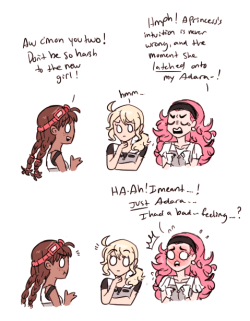 space ocs talking about the new girl. the princess is embarrassing and Adara is a tall innocent flower